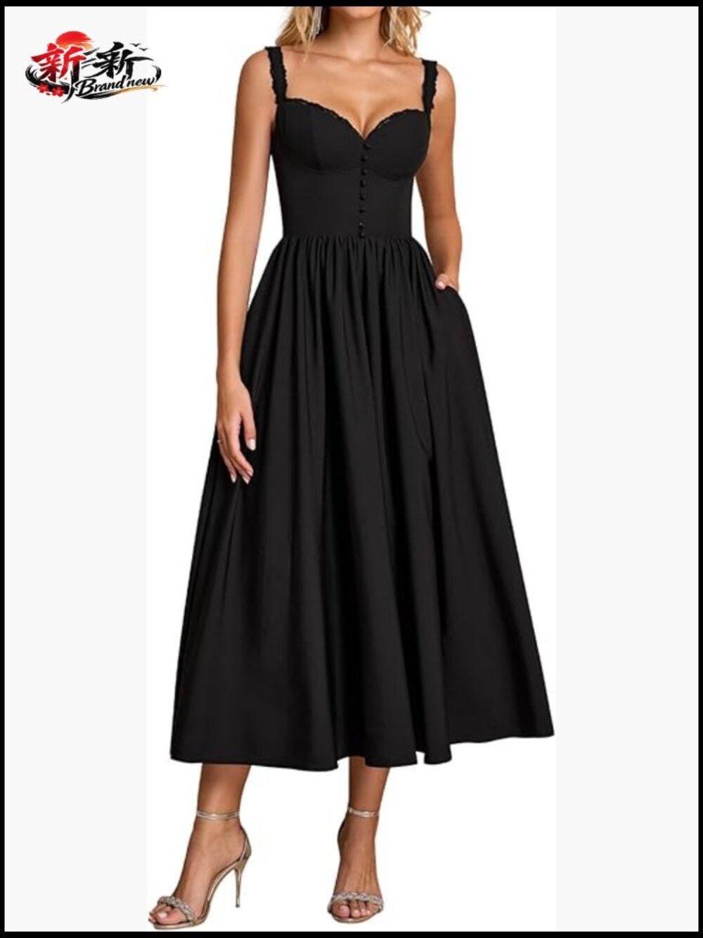 Lace Corset Midi Dress with Pockets A-Line Spaghetti Strap Wedding Guest